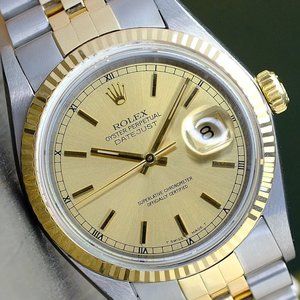 ROLEX MENS DATEJUST 18KY GOLD & STEEL CHAMPAGNE DIAL FLUTED BEZEL 36MM WATCH
